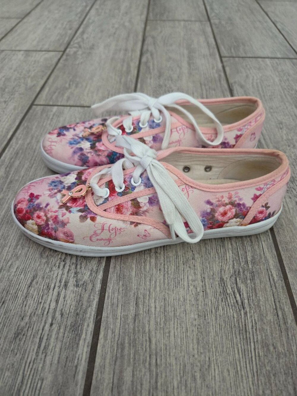 Bradford Exchange Floral Breast Cancer Awareness Canvas Sneakers Pink Womens 7